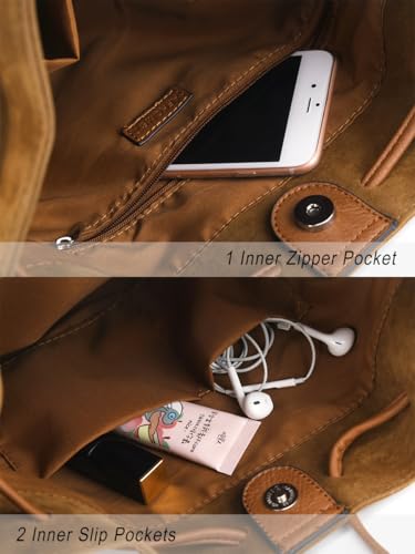 AFKOMST Suede Bucket Bag for Women Medium Slouchy Shoulder Purse | Faux suede; 2 detachable straps for shoulder or crossbody carrying;fit tablets, A5, long wallet; - color: Brown