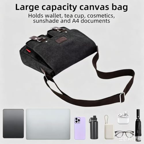 Messenger Bag for men Laptop Bag UnisexRetro Canvas Bag14-15.6 inches Casual single shoulder bag For Work College Travel - color: S-black