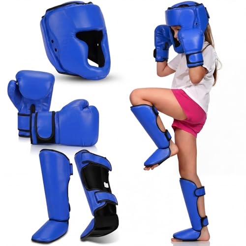 Arrowbash 5 Pcs Boxing Guards Set for Kids with Sparring Headgear, 6oz Boxing Gloves and Leg Shin Guards Wrestling Headgear for Youths Teens Boys Girls Kickboxing Karate Muay Thai BJJ Training - color: Blue