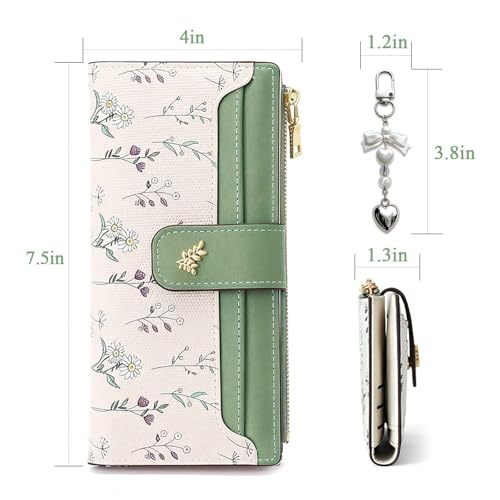 Women's Bifold Long Wallet, Slim & Thin RFID Blocking Floral Vegan Leather Card Holder with Bow Keychain (Green) - color: Green