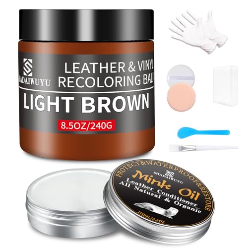 SHADAIWUYU 8.5oz Leather Recoloring Balm with 100ml Mink Oil,Light Brown Leather Repair kit for Furniture and Car Interior,Leather Couch Scratch Repair,Leather Dye Paint,Mink Oil for Leather - color: Light Brown, size: Leather Recoloring Balm+Mink Oil