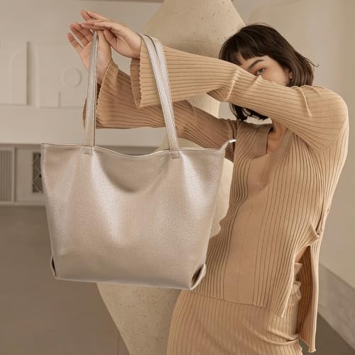 WLLWOO Soft Vegan Leather Tote Bag for Women Large Hobo Zipper Purse | Casual Shoulder Handbags Carryall for Work Daily Weekender Travel Commute - color: Light Camel