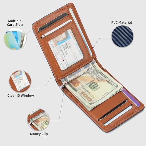 FALAN MULE Mens Wallet RFID Blocking Slim Bifold Wallets with Money Clip Leather Minimalist Thin Card Holder - color: Bb-Navy Blue