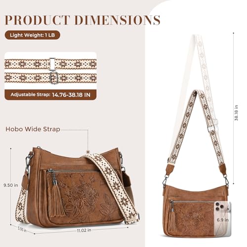 Crossbody Bags for Women, Medium Vegan Leather Purses | Large Capacity Multi-Pocket Embossed Shoulder Bag with Boho Strap for Daily Travel - color: Brown