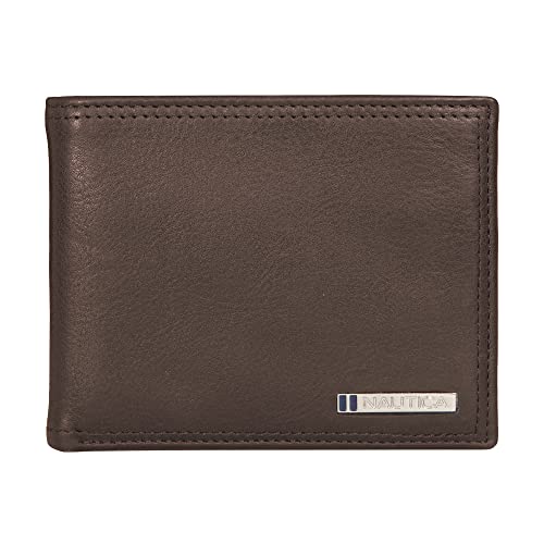 Nautica Men's Bifold Leather Wallet | RFID Blocking | ID Window | Card Slots | Organization | Durable | Stylish - color: Enameled Logo - Brown