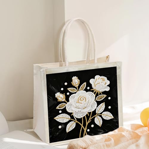 Xylzzuit DIY Pearl Painting Canvas Tote Bag Kit 11.42IN Diamond Art Handbag for Women Shopping Grocery Bag Dots Beads Art Craft Gift (Flower03) - color: Flower03