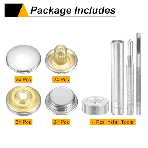 HARFINGTON 24Set Leather Snaps Fasteners Kit 20mm Dia Brass Press-Stud Cap Button 2.95" Length Metal Snap Buttons with 4 Install Tools for Coat Bag Leather Marine Boat Canvas, Silver - color: Silver, size: 20mm