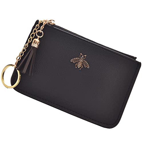 Coin Purse Change Wallet Pouch Leather Card Holder with Key Chain Tassel Zip(Black) - color: Black