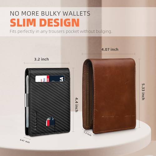 RUNBOX Slim Wallet for Men - RFID Blocking Leather Bifold with Money Clip | Minimalist Front Pocket Wallet Holds 11 Cards,Slim Thin Design,RFID Blocking Protection, Practical Birthday Gifts for Men - color: Matt Carbon Black