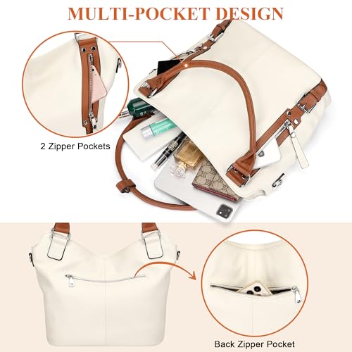 Genuine Leather Pueses for Women Large Hobo Bags Muti Pockets | Crossbody Tote Bags with Top Handles, Key Leash, Adjustable Straps for Shoulder/Handbags/Tote, Daily - color: 05-beige/Brown