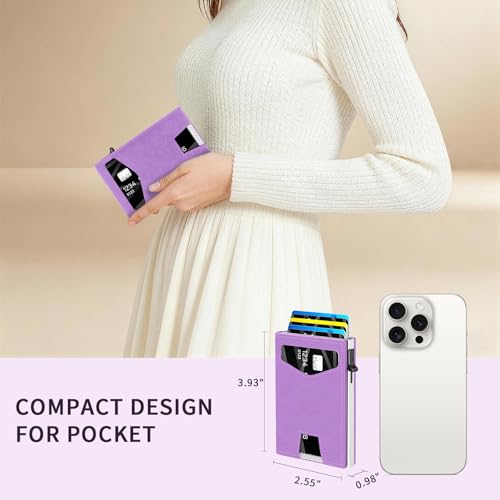 RFID Wallet Women: Stylish Security Metal Wallet for 10-12 Cards & 2 ID Windows - Smart Pop-Up Credit Card Holder & Cash Slot in Compact Trifold Design,Gift for Her(Purple) - color: Purple