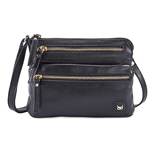 Small Leather Crossbody Bag for Women Adjustable Sling Purse Multi Pocket | Genuine Top Grain Leather, 4 Zip Pockets, Cross Over for Travel, Gift for Women, Phone Pocket - color: Black Nappa