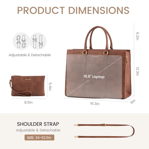 LOVEVOOK Laptop Bag for Women, 15.6 Inch Laptop Tote Bag, Vintage Leather Work Bags for Women, Waterproof Computer bag with Clutch Purse, Large Capacity Briefcase, Business Office Bag | Two-piece set - color: Vintage Brown, size: 15.6 inch