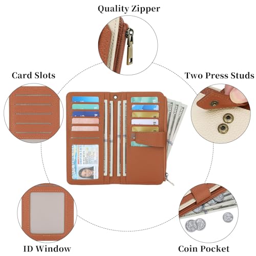 GAEKEAO Women Wallet RFID Blocking Leather Bifold Compact Card Holder Ladies Travel Wallet Purse, Large Capacity Wristlet - color: Z-white Brown