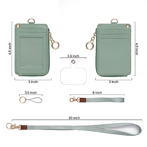 MONDO DESIGNS 2-in-1 Lanyard Wallet with ID Badge Holder - Small Keychain Wristlet Wallet for Women with Zipper Card Pocket and Phone Lanyard, Wrist Strap Office Teacher - Sage Green - color: Green