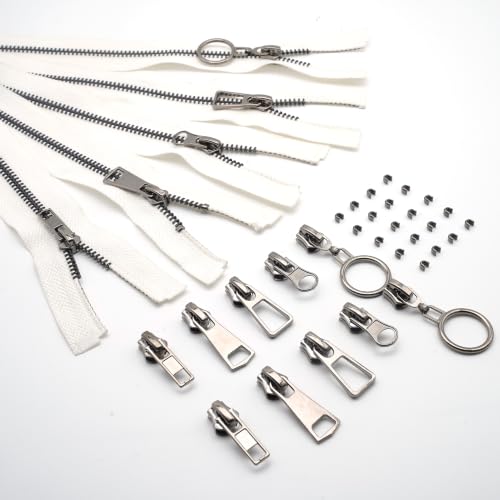 #5 Heavy Duty Metal Zipper 5 Pieces 1 Yard Long Each(White/Black Teeth) | 10 sliders, 20 top stops, pre-cut 1 yard each, for bags, pillows, jackets, DIY crafts, home decor - color: White/Black Teeth