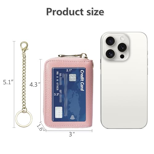imeetu Rfid Credit Card Holder, Businese Card Case, Wallet for Women Men | Genuine Leather Card Wallet with id Window, Keychain & Double Zipper, Water-resistan Small Wallet with Gift Box, Daily Travel - color: Max - Pink