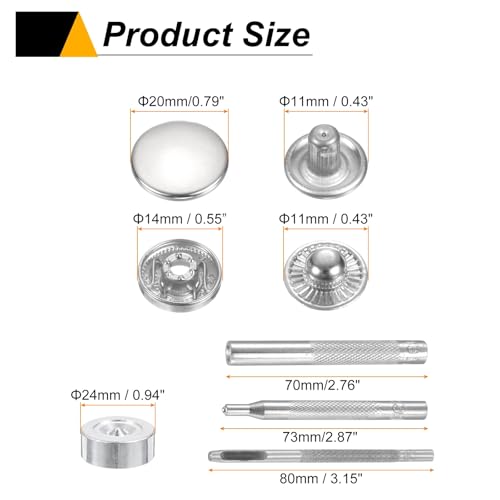 HARFINGTON 24Set Leather Snaps Fasteners Kit 20mm Dia Brass Press-Stud Cap Button 2.76" Length Metal Snap Buttons with 4 Install Tools for Coat Bag Leather Marine Boat Canvas, Silver - color: Silver, size: 20mm