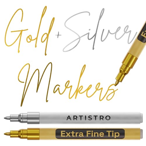 ARTISTRO Gold & Silver Acrylic Paint Markers - 0.7mm Extra Fine-Tip - 2 Set - color: Gold & Silver
