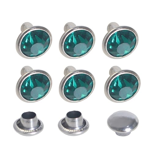 100 Sets Cz Colorful Crystal Rivets Silver Color Spots Studs Double Cap for DIY Leather-Craft (Malachite Green, 6MM) - color: Malachite Green, size: 6MM