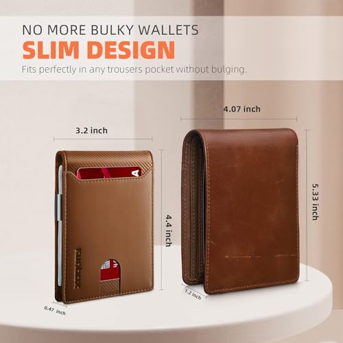 RUNBOX Slim Wallet for Men - RFID Blocking Leather Bifold with Money Clip | Minimalist Front Pocket Wallet Holds 11 Cards,Slim Thin Design,RFID Blocking Protection, Practical Birthday Gifts for Men - color: Caramel