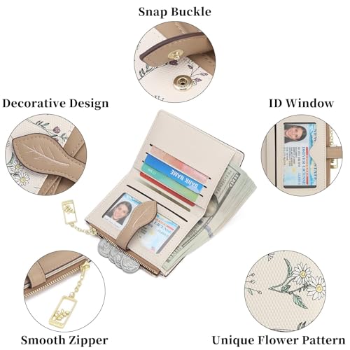 GAEKEAO Small Wallets for Women RFID Blocking Bifold Floral Vegan Leather Wallet Card Holder with Zipper Pocket ID Window - color: A02-Khaki
