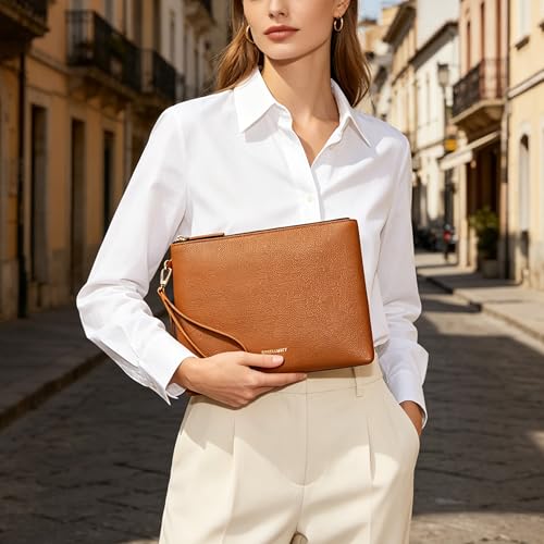 DORIS&JACKY Women Leather Clutch Purse and Phone Wallet with Wristlet Strap - color: Brown