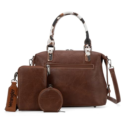 Wrangler 3Pcs Doctor Bag Sets for Women Top-handle Satchel Bag with Cell Phone Handbag and Coin Purse - color: Brown Cow Print