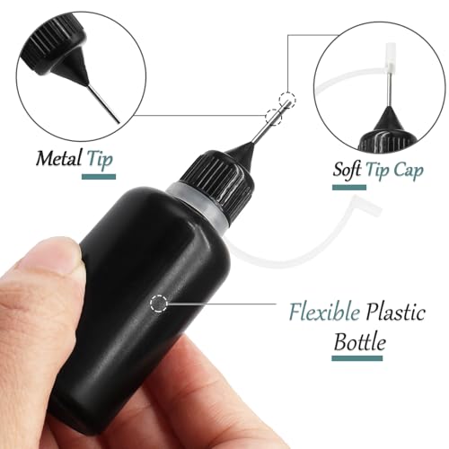 HARSKIYER 30ml Precision Tip Bottles, 6 Pcs Black 2 Funnels | 1mm Metal Tip Draws 0.5mm Fine Lines, Cap Seals Tight To Stop Drying, Flex Body Resists Cracks, For Glue Ink And Paint - size: 30ml