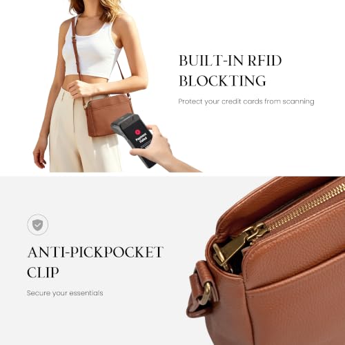 befen Anti-theft Crossbody Bag for Women Genuine Leather, Small Cross Body Shoulder Handbags with RFID Card Slots - color: Cognac Brown