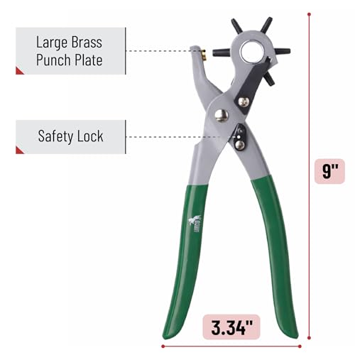 UNCO- Leather Hole Punch Tool, Multi Hole Sizes for Belts and Leather, Belt Hole Puncher, Green Handle - color: Green