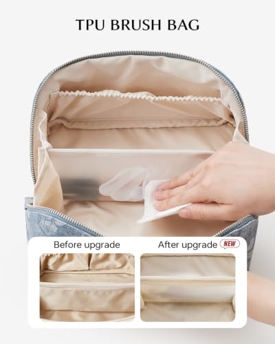 EACHY Makeup Bag, Waterproof PU Leather Travel Toiletry Bag for Women, 180° Wide-Open Flat Cosmetic Bag, Large Capacity Makeup Pouch with Divider and Handle - color: CD-Denim Blue Print, size: Medium