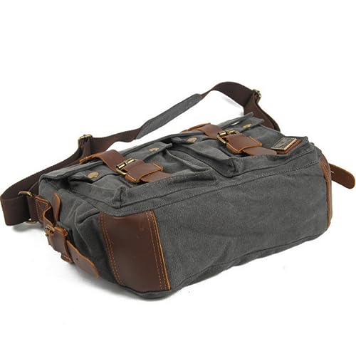 Canvas Messenger Bag, Vintage Genuine Leather Shoulder Bag, Briefcase Crossbody Satchel Purse Laptop Bag Medium | Vintage - color: Charcoal Black
