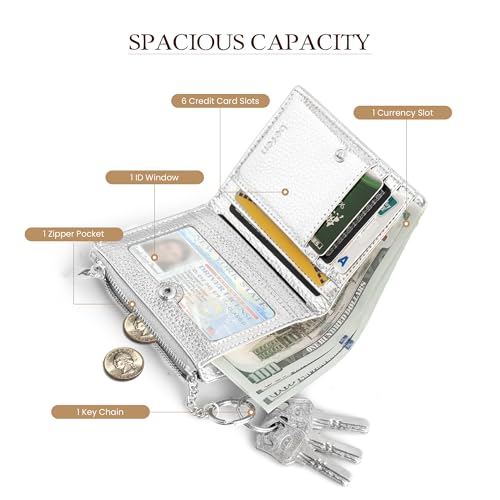 befen Genuine Leather Slim RFID Bifold Wallet Women with Zipper Pocket Keychain - Metallic Silver Purse - color: Silver
