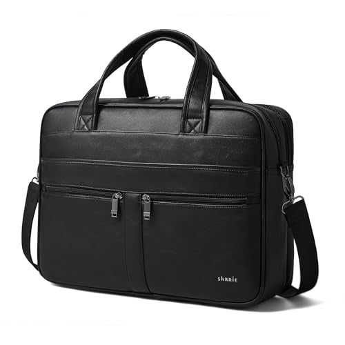 Shrrie Leather Messenger Bag for Men&Women 16 inch Laptop Bag,Water-Resistant Retro Leather Briefcase for Men Business,Work - color: Black