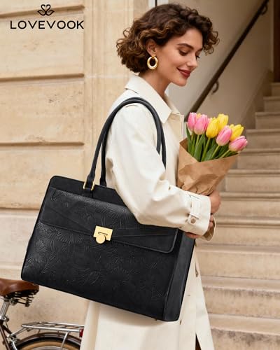 LOVEVOOK Laptop Tote Bag for Women, PU Leather Work Bag, Teacher Tote - color: Black Embossed, size: 15.6inch