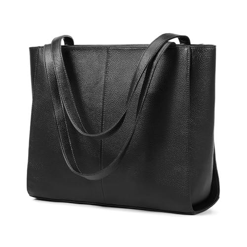 Genuine Leather Tote Bag for Women, Large Womens Shoulder Purses Work | Soft genuine cowhide leather, Large capacity fits 14" laptop compartment, Leather top handles with smooth zipper - color: Black
