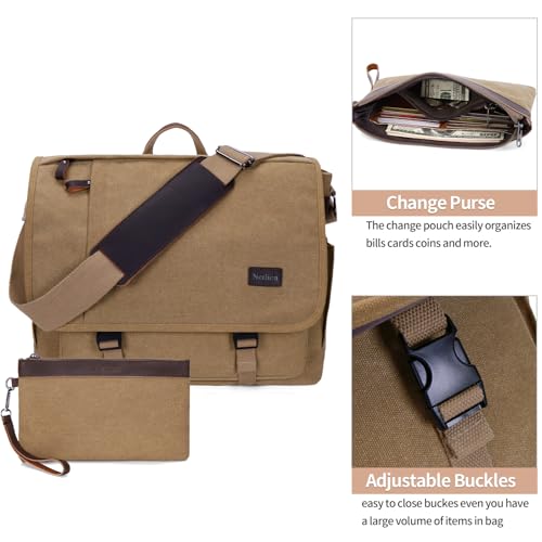 Nerlion Messenger Bag for Men 17-17.3 Inch Laptop Bag Canvas Water-resistant Computer Bag Shoulder Bag Work Briefcase Bookbag for College (Brown) - color: Brown