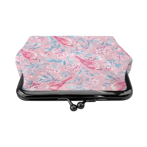Kiss-lock Coin Purse for Women Change Purses Cute Small Coin Pouch Tiny Coin Wallet (Pink Birds Floral) - color: Pink Birds Floral
