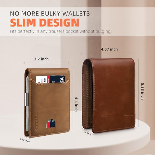RUNBOX Slim Wallet for Men - RFID Blocking Leather Bifold with Money Clip | Minimalist Front Pocket Wallet Holds 11 Cards,Slim Thin Design,RFID Blocking Protection, Practical Birthday Gifts for Men - color: Bicolor Crazy Horse Brown