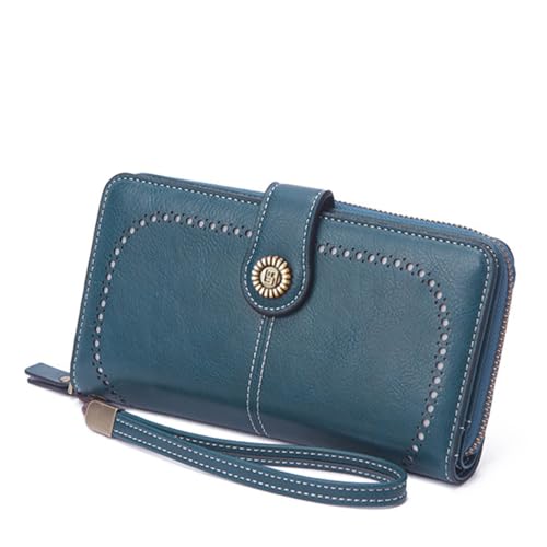 Women Leather Wallet Crossbody Shoulder Bag with Double Zipper and Mobile Phone Purse with Shoulder Strap - color: 665-peacock Blue
