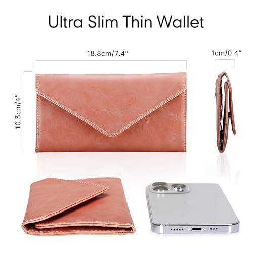 Women's Card Wallet Envelope Style Credit Card Holder, RFID Blocking, Vegan Leather, Coin Pocket, 2 ID Windows, Bean Pink - color: Bean Pink