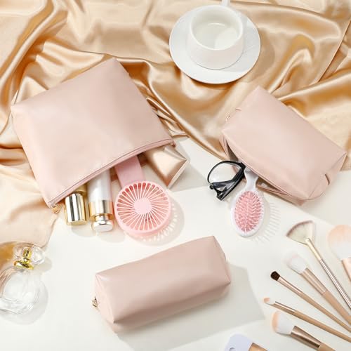 Kigeli 3 Piece Leather Makeup Bag Set Graduation Women Gifts PU Leather Makeup Toiletry Bag Bridesmaid Cosmetic Pouch Small Aesthetic Travel Purse for Wedding Birthday Women Gifts(Pink) - color: Pink