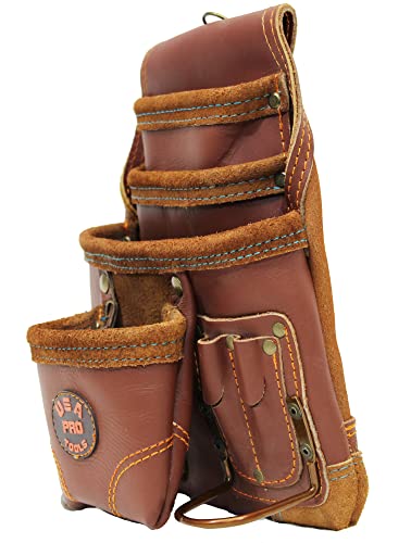 Leather Tool Pouch for Carpenter | Best for Electricians, Plumbers, Handyman and Framers | 10 Pockets with 2 Stainless Steel Hammer Holders - color: Brown