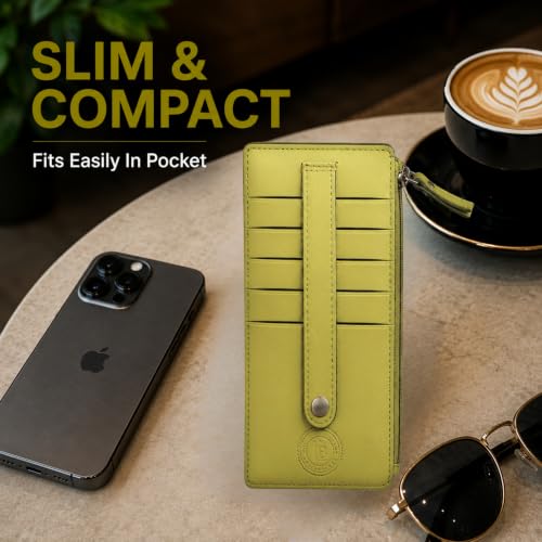 Leatherboss Genuine Leather Women's All in One Credit Business Card Case Holder Slim Zipper Wallet With a Card Protection Strap, Lemon - color: Lemon