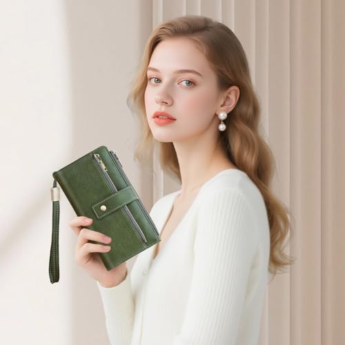 Large Wallets For Women Rfid Blocking Wallet Pu Leather Ladies Wallets Zipper Long Wallet With 24 Card Holders,2 Id Windows And Coin Pocket Wristlet Purses For Women Ladies. Green - color: Green