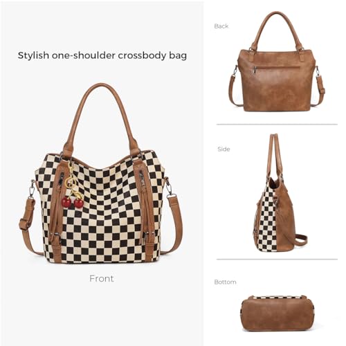 Checkered Tote Bag Large Checkered Purses for Women Plaid Hobo Shoulder Bag Multiple Pockets Tote Handbags - color: C01-brown With Cherry