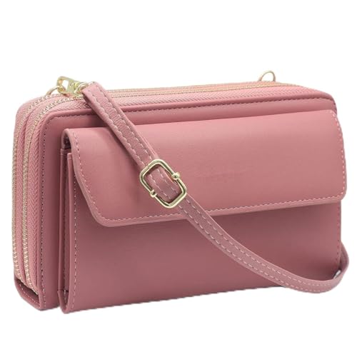 Women Leather Wallet Crossbody Shoulder Bag with Double Zipper and Mobile Phone Purse with Shoulder Strap - color: 109-dark Pink