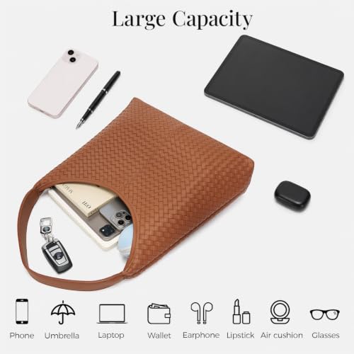 Woven Textured Vegan Leather Hobo Tote Bag Large Slouchy Purse for Women | Trendy work handbag with magnetic closure and interior pockets. Chic aesthetic satchel ideal to carry daily travel essentials - color: Brown