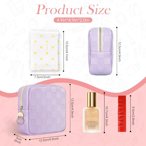 4.9" Small Makeup Bag, Checkered Mini Cosmetics Bag for Purse with Ring Buckle, Portable Small Travel Makeup Pouch for Women, Birthday/Wedding/Christmas Gifts (Checkered, Purple) - color: Checkered Purple-4.9 inch